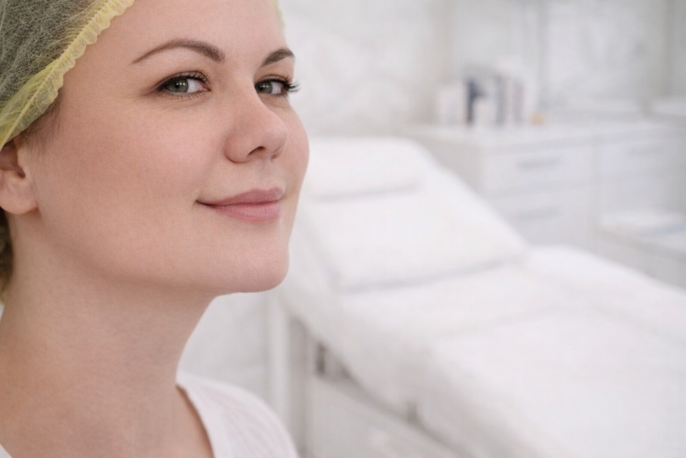 Mujer de 40 años feliz tras ver resultados de su mentón gracias a relleno con ácido hialurónico