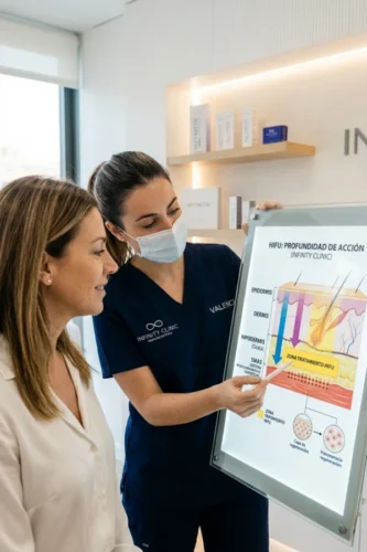Explicación médica del funcionamiento del HIFU facial.