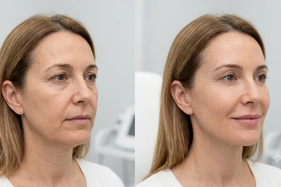 Comparativa antes y después de un tratamiento HIFU facial en Valencia.