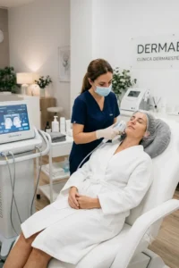 Aplicación de HIFU facial para mejorar la firmeza de la piel.